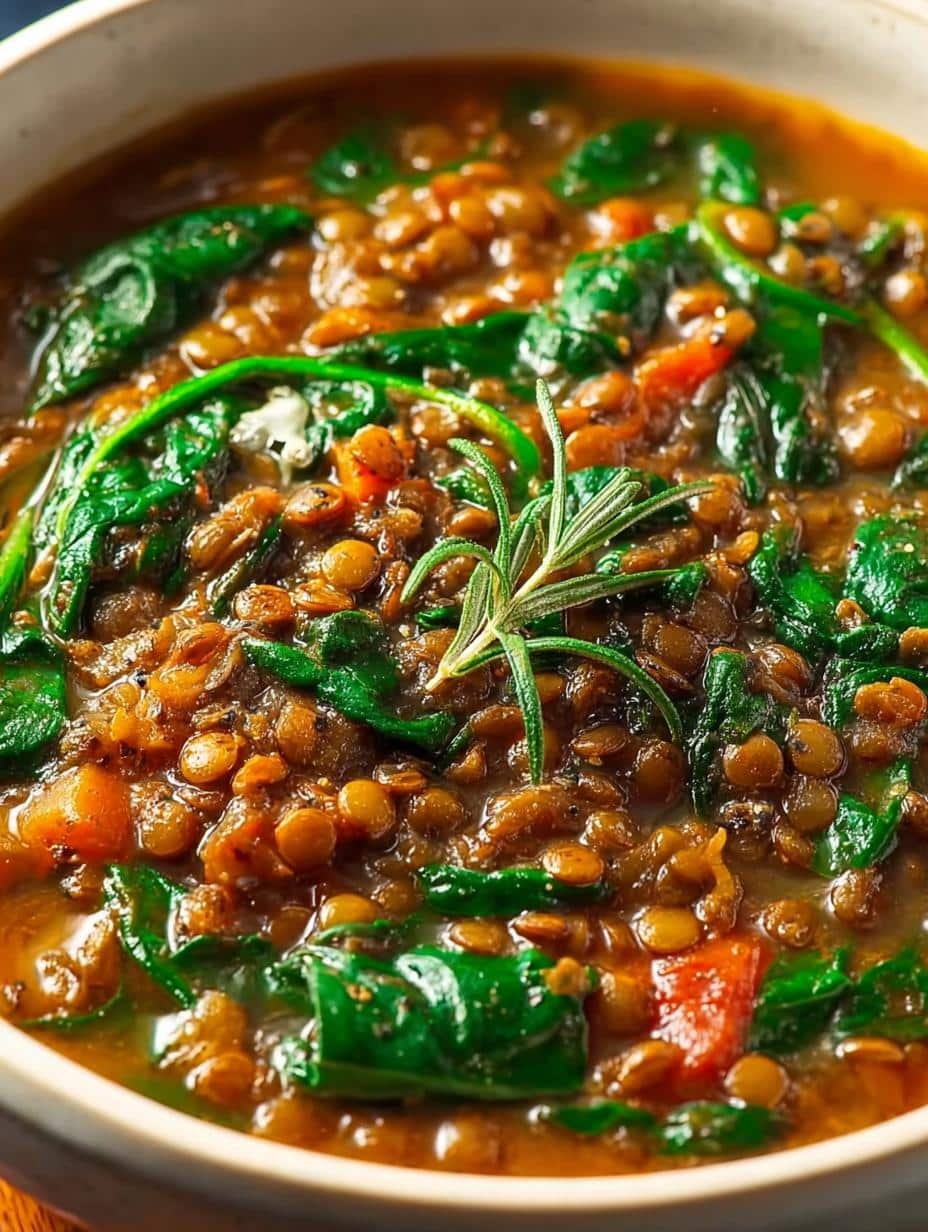 Delicious and hearty Spinach Lentil Soup in a bowl, garnished with fresh herbs, ready to be enjoyed