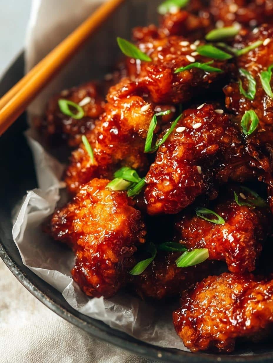 Close-up of golden brown Sticky Crispy Asian Chicken wings, glistening with sticky sauce and sprinkled with green onions