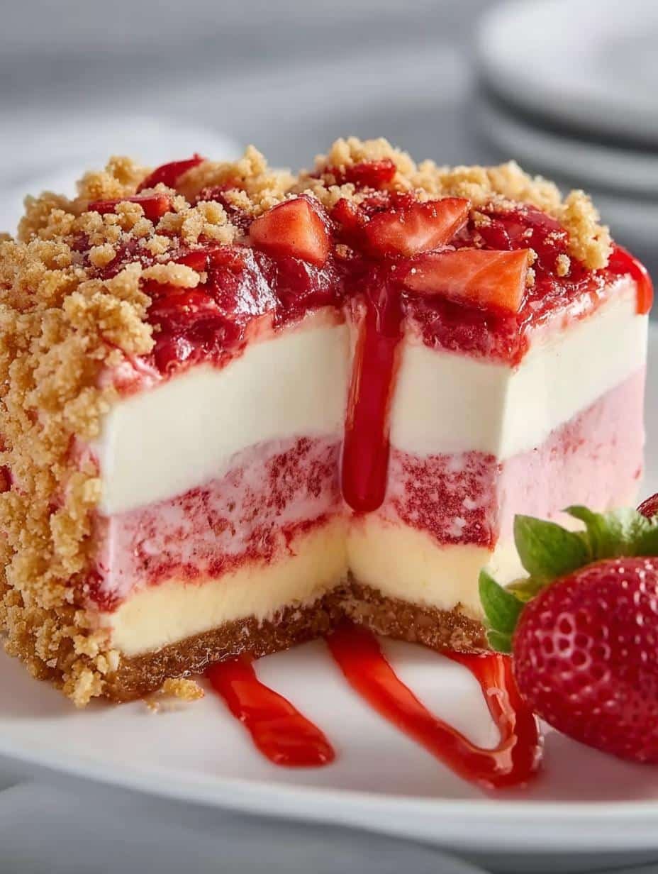 Irresistible Strawberry Cheesecake Crunch with five distinct layers, showcasing creamy filling and crunchy topping