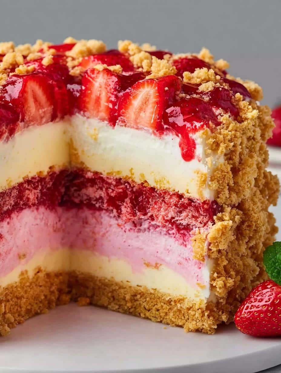 Close-up of a slice of Strawberry Cheesecake Crunch, showing the creamy layers and crunchy topping