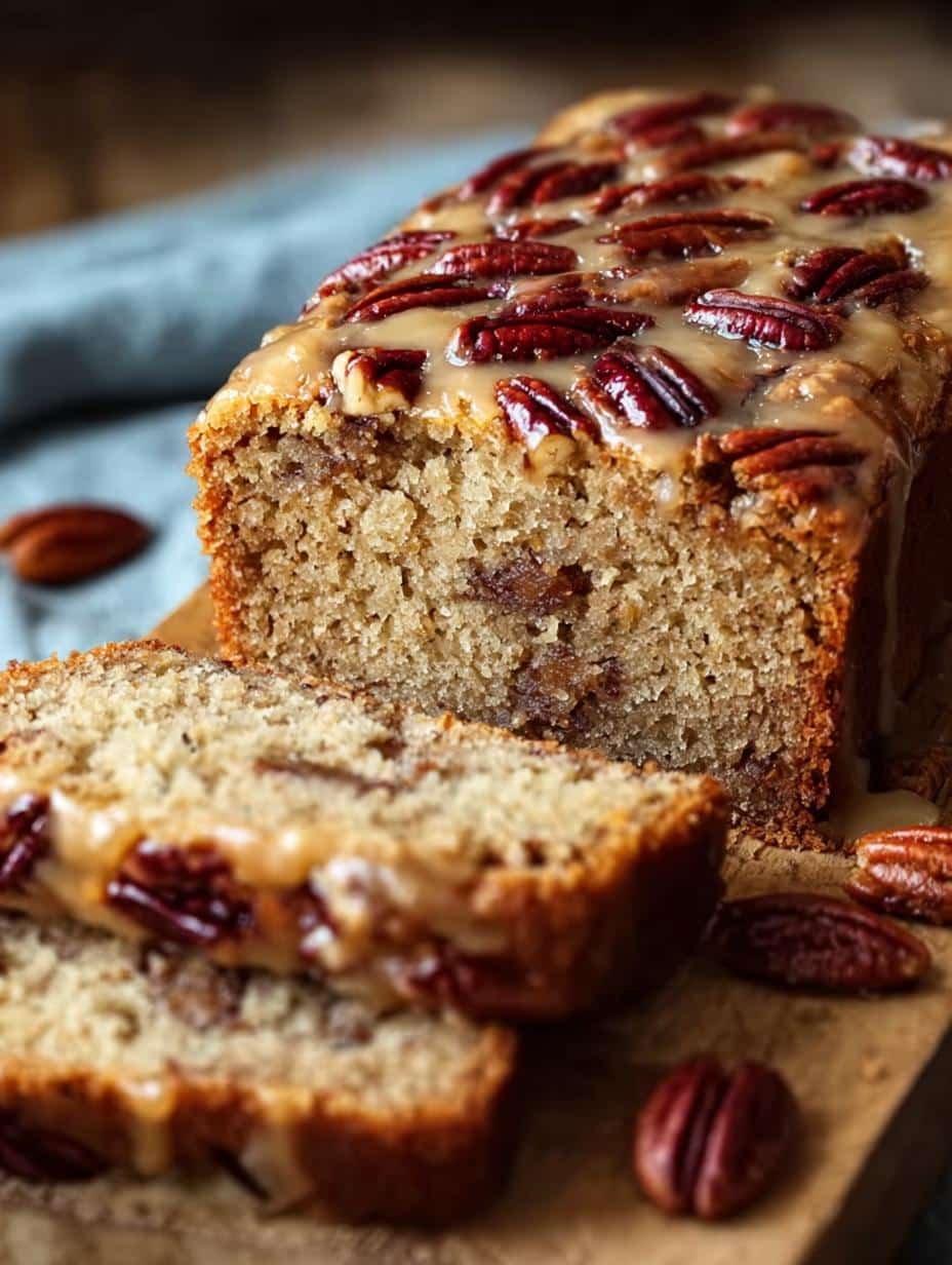 Deliciously moist Sweet Alabama Pecan Bread sliced on a wooden board, ready to be enjoyed