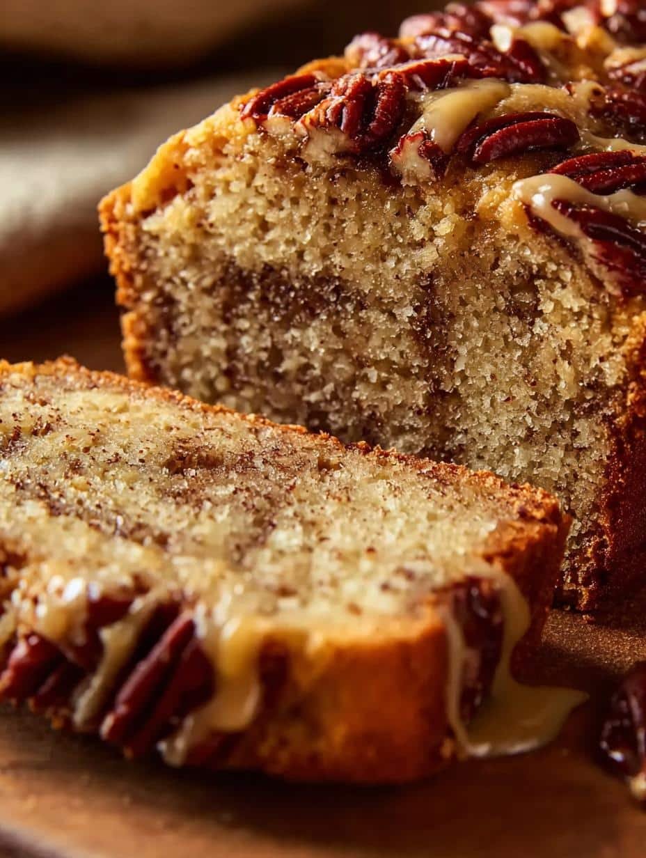 Close-up of a slice of Sweet Alabama Pecan Bread with a sweet glaze and chopped pecans on top