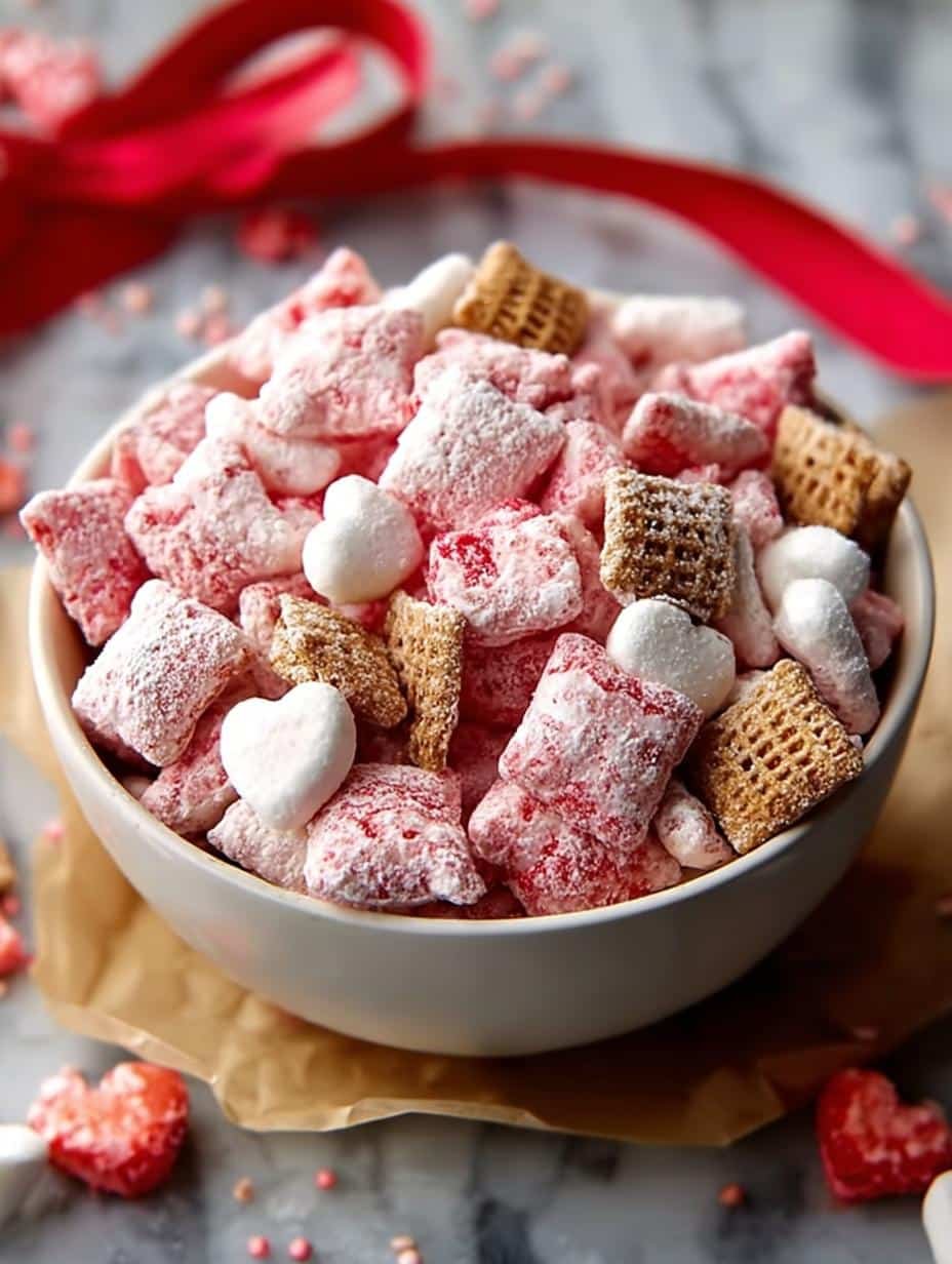 Close-up of Valentines Strawberry Cheesecake Puppy with festive sprinkles