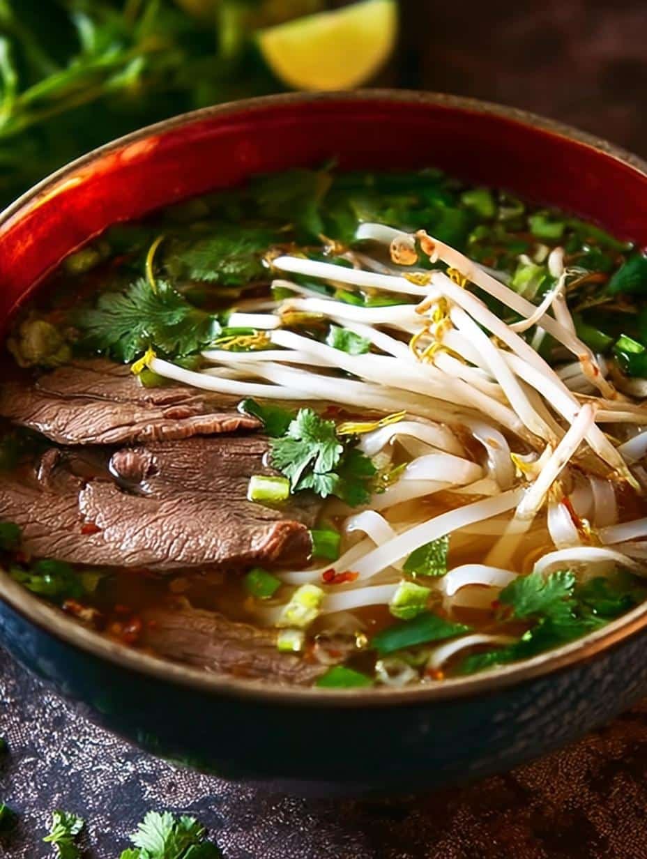 Close-up of a steaming bowl of Vietnamese Beef Pho, showcasing rice noodles, thinly sliced beef, and fresh garnishes like cilantro and green onions.