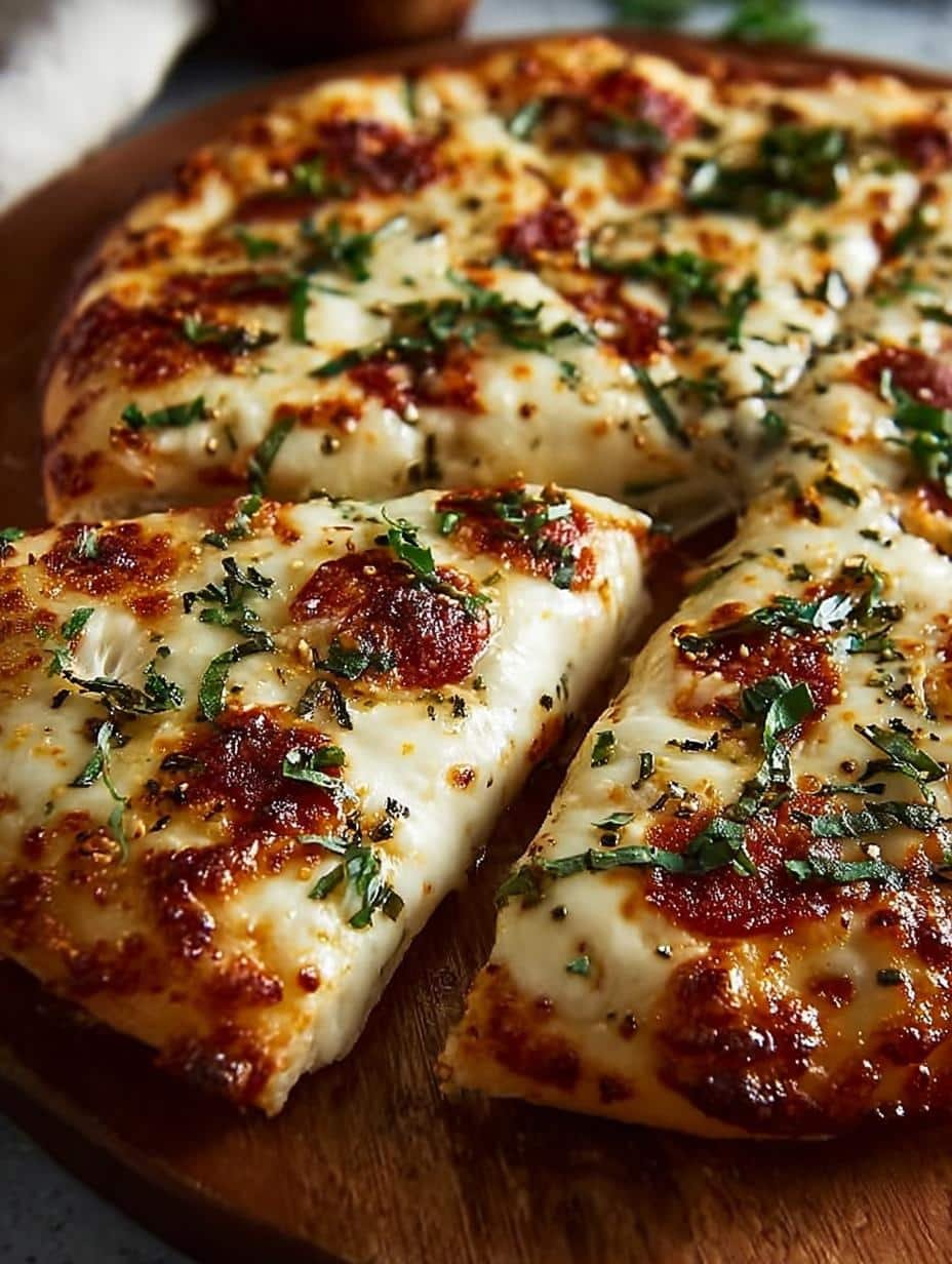 Irresistible White Cheese Pizza with golden crust and melted cheese, garnished with fresh basil