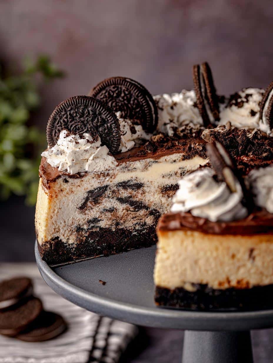 Decadent Oreo Cake Cheesecake with creamy layers and chocolate drizzle, perfect for celebrations