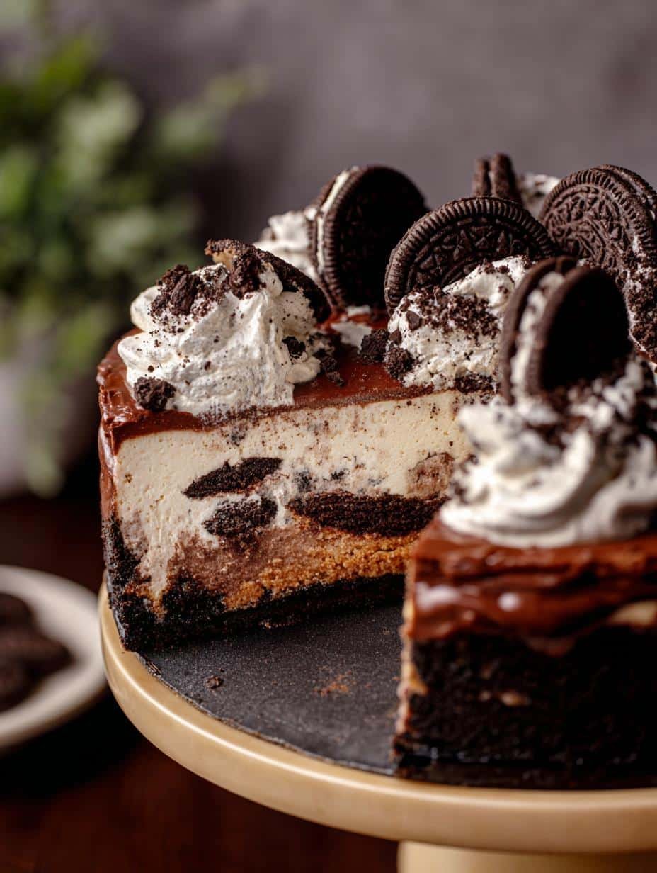 Slice of Oreo Cake Cheesecake with a perfect swirl, topped with whipped cream and mini Oreos