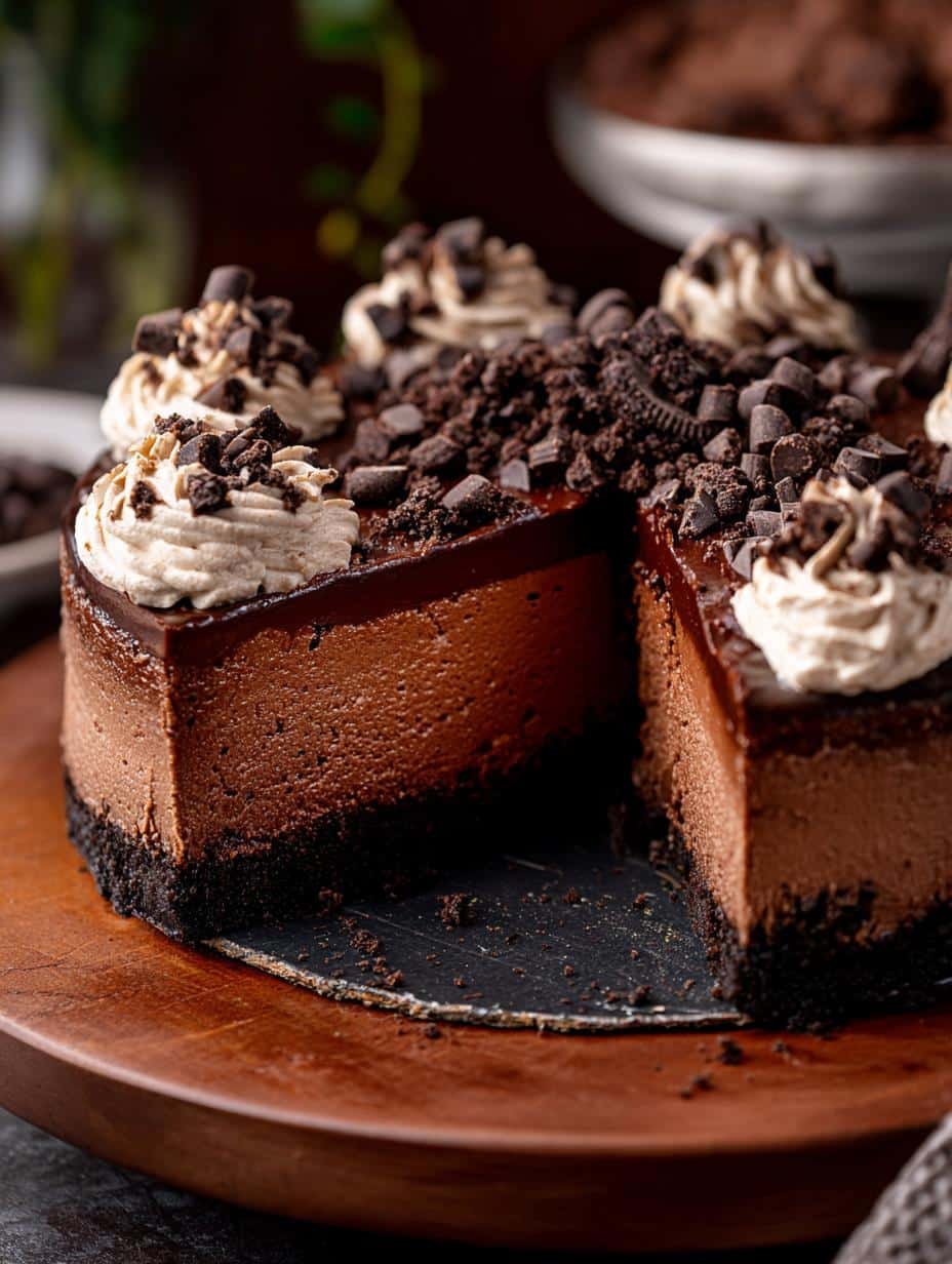 Decadent Triple Chocolate Cheesecake Delight with rich ganache and whipped cream topping, perfect for any celebration