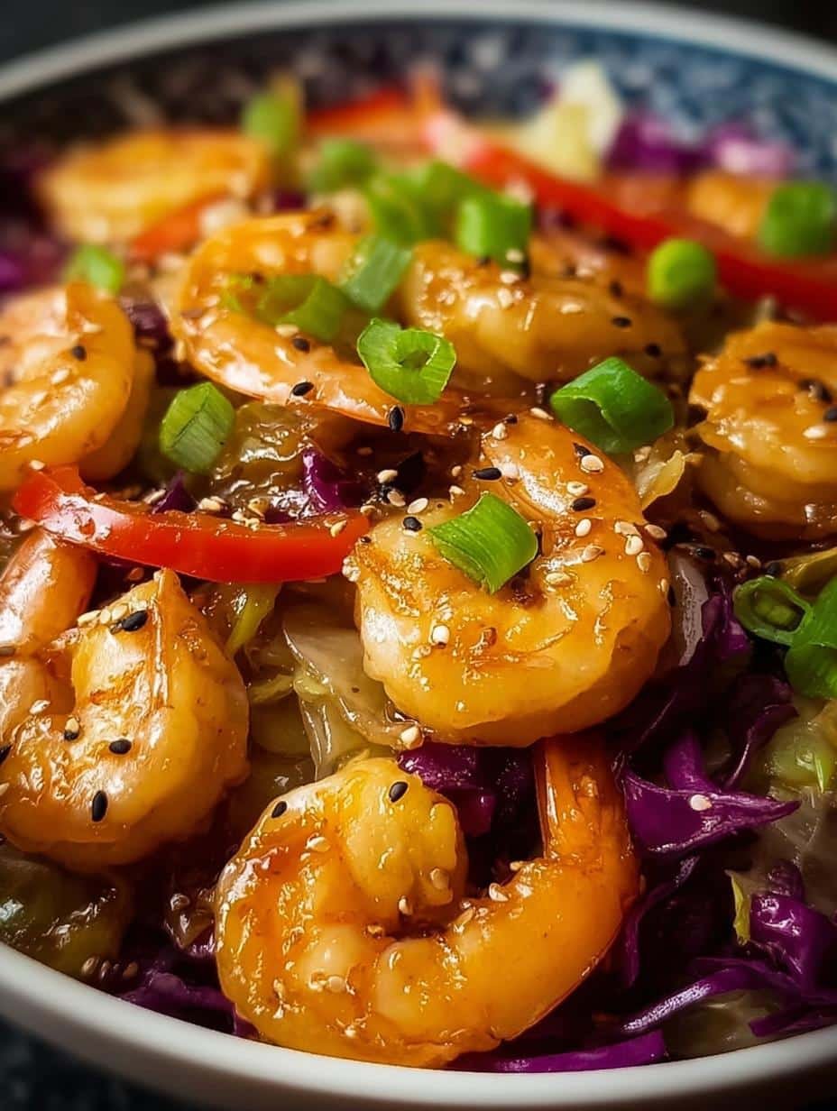 Close-up of Asian Shrimp Cabbage Stir with vibrant green onions and red pepper flakes