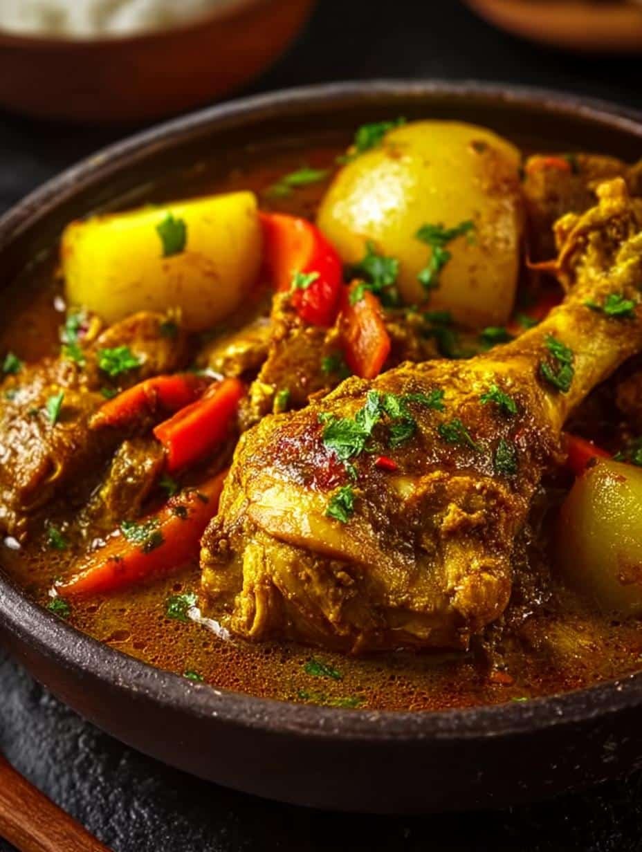 Authentic Jamaican Curry Chicken served with rice and peas, garnished with fresh herbs, showcasing the rich, golden sauce and tender chicken pieces.