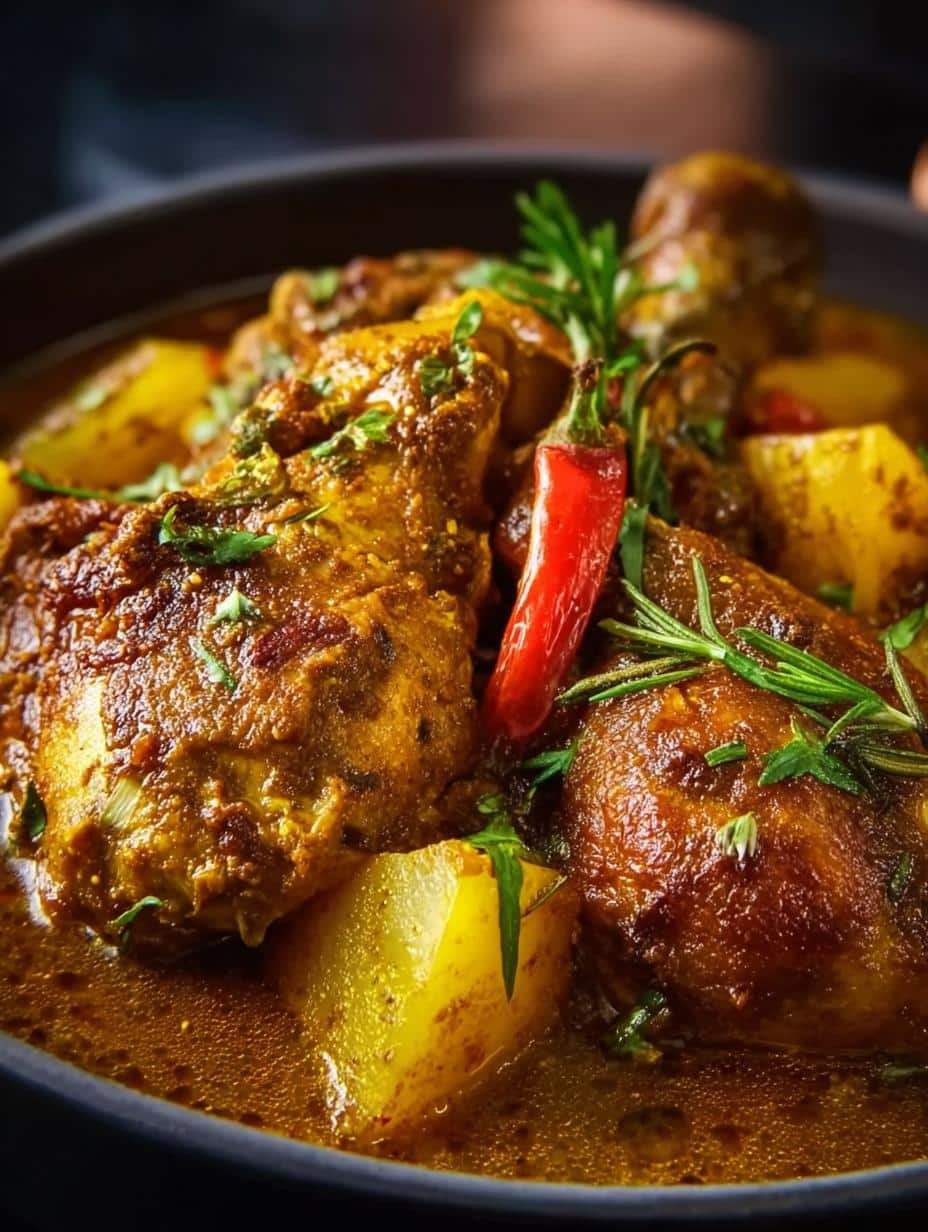 Close-up of Authentic Jamaican Curry Chicken simmering in a pot, showing the rich texture of the curry sauce and tender chicken pieces.