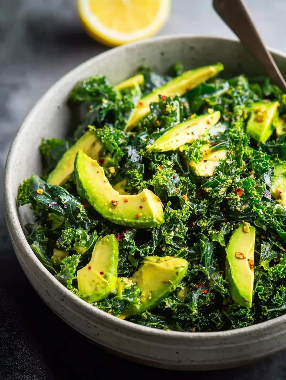 Vibrant Avocado Lemon Kale Salad in a white bowl, showcasing fresh ingredients and creamy avocado dressing, a fresh delight in 15 minutes