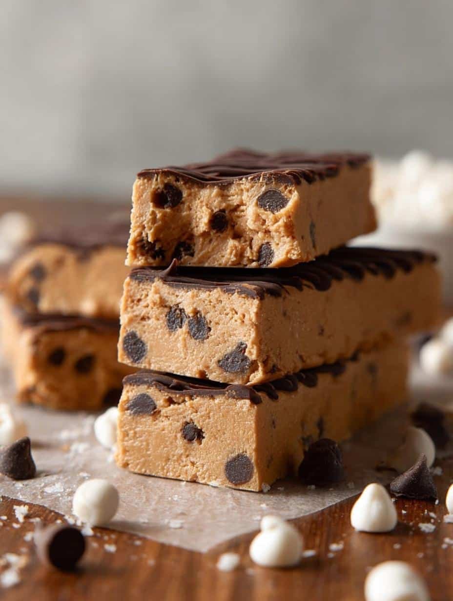 Delicious Bake Peanut Butter Protein Bars with chocolate chips, ready to eat