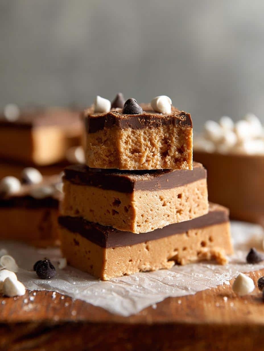 Close-up of a stack of Bake Peanut Butter Protein Bars, showing texture and ingredients