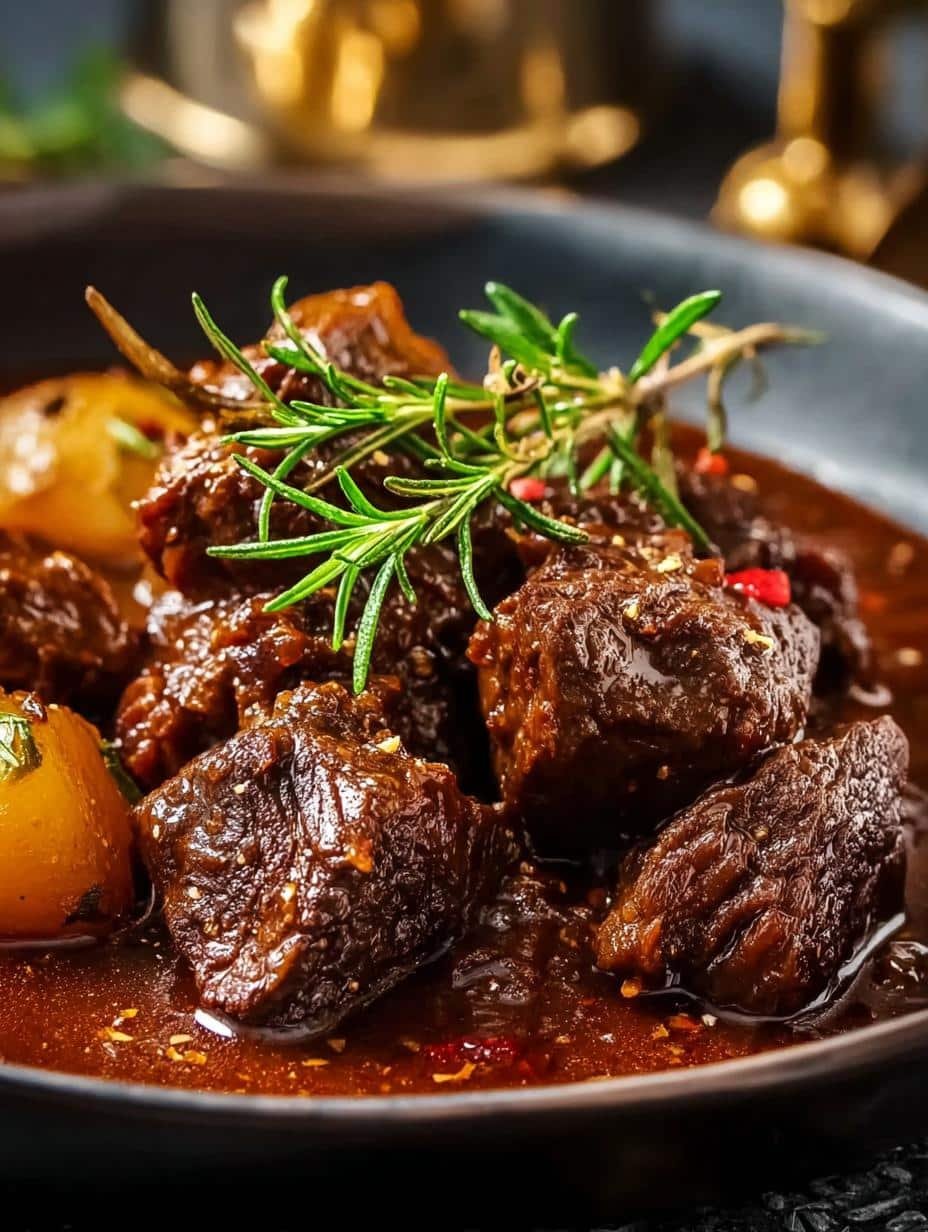 Hearty Greek Beef Stifado stew with tender beef, pearl onions, and rich red wine sauce, served in a bowl