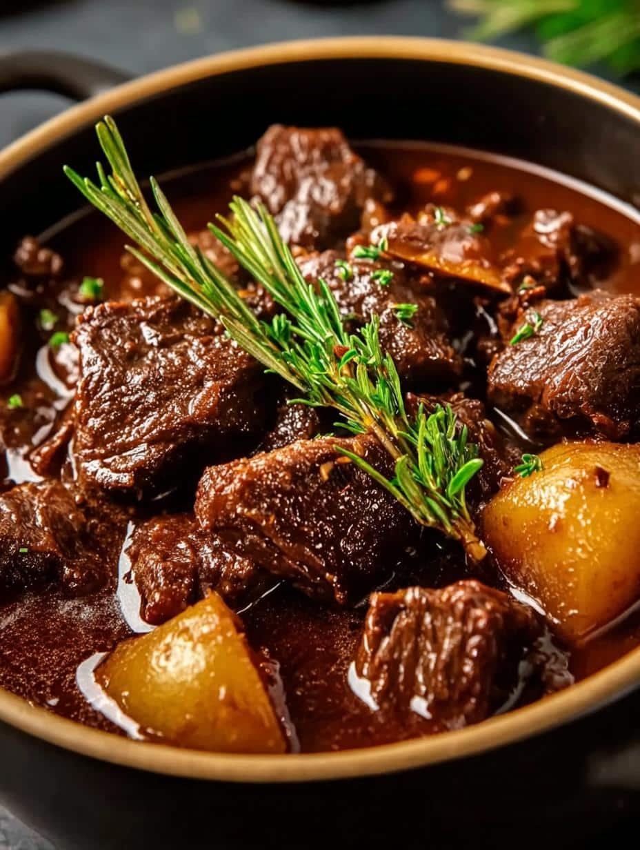 Close-up of a serving of Beef Stifado, showcasing the tender beef and rich sauce, ready to eat
