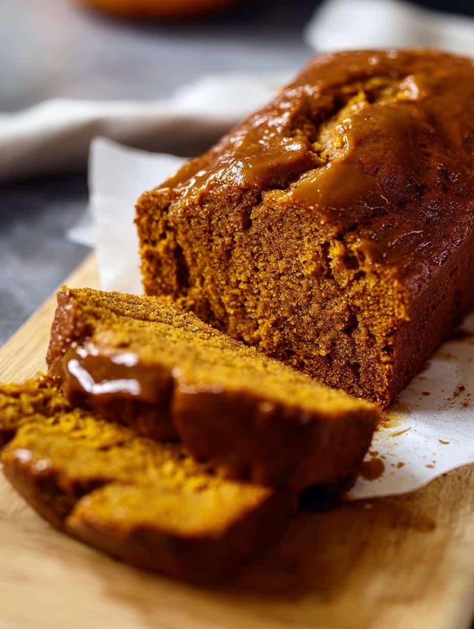 Deliciously moist Brown Butter Pumpkin Bread loaf with a sweet glaze, perfect for a fall treat