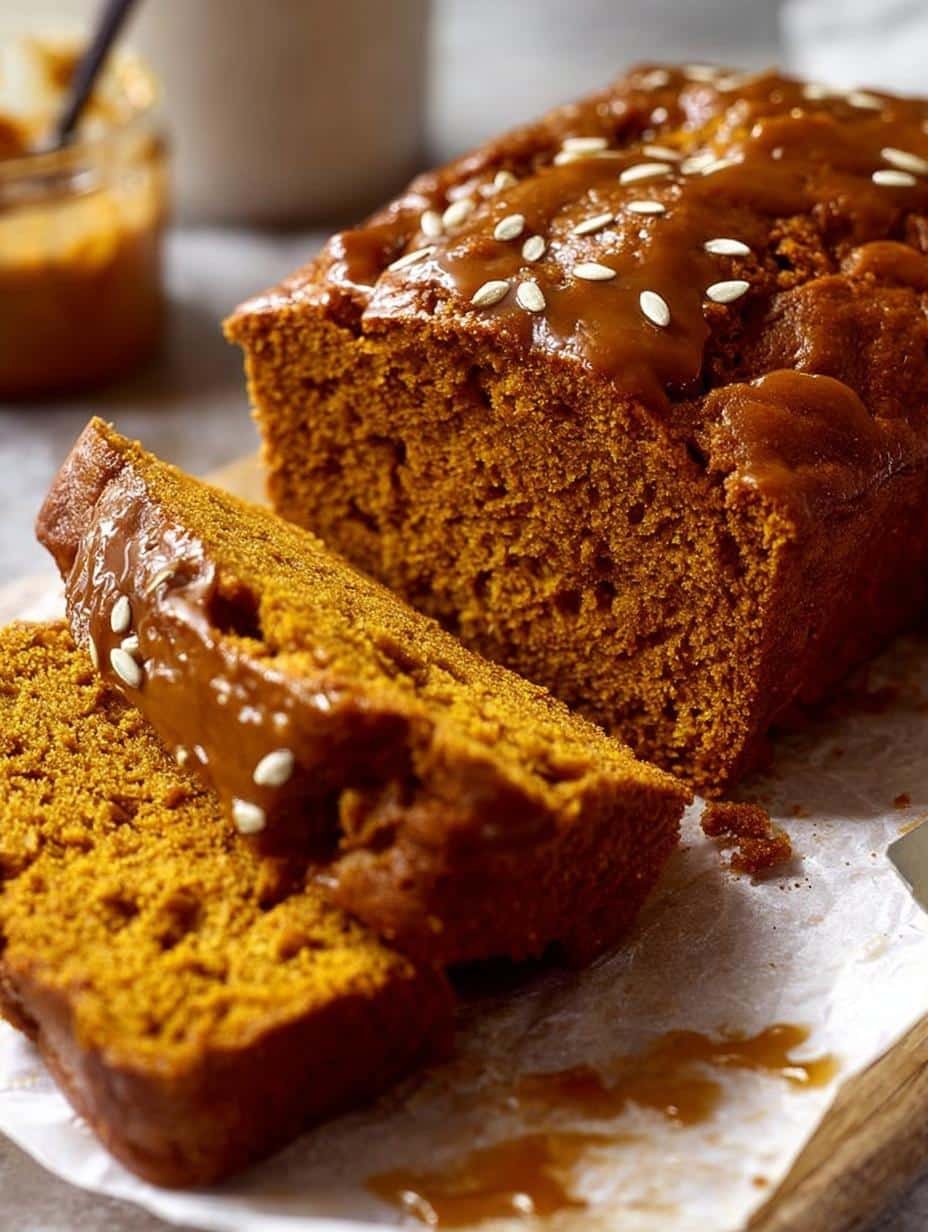 Close-up of a slice of Brown Butter Pumpkin Bread showing its moist texture and glaze, ideal for breakfast