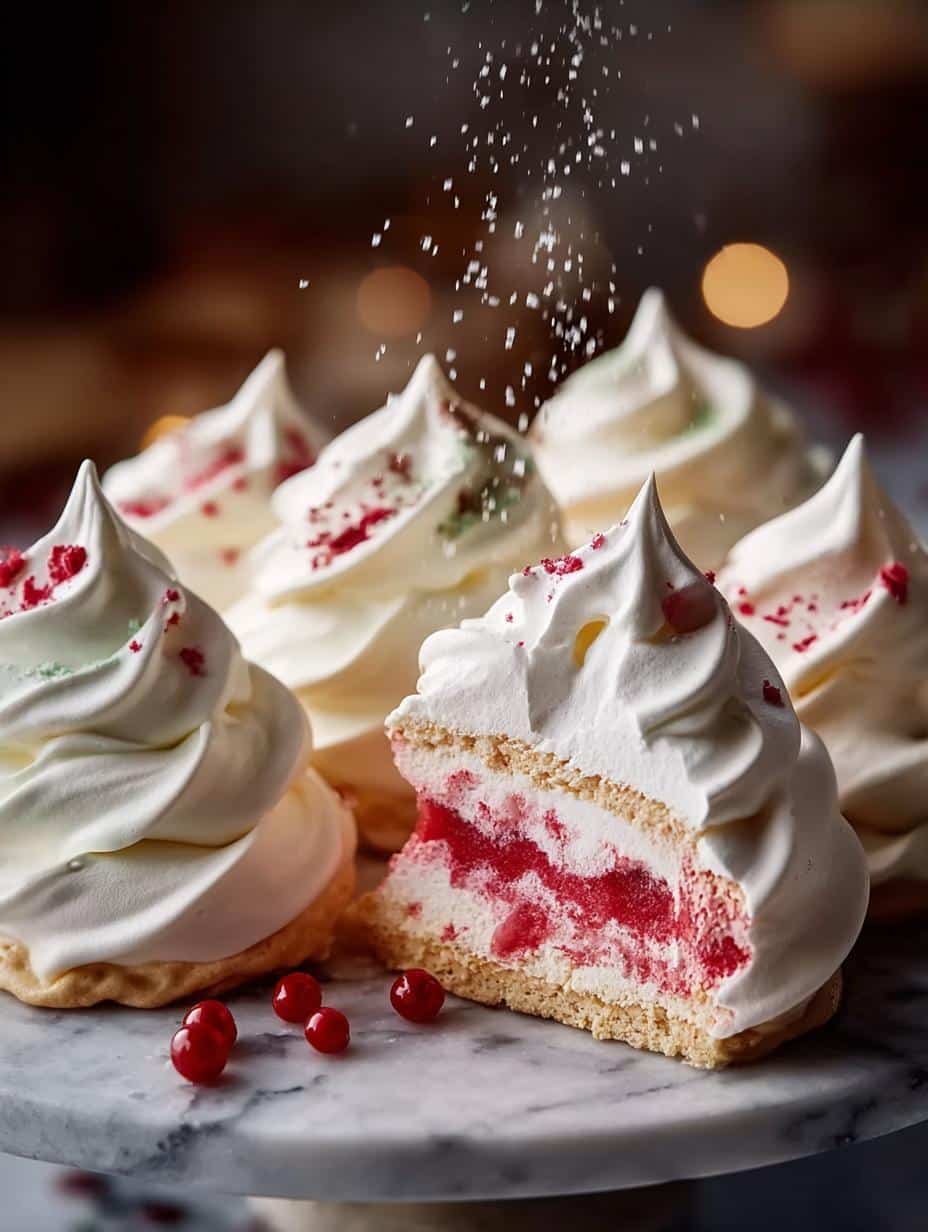 Delightful Christmas Meringue cookies arranged festively on a plate, showcasing their airy texture and holiday colors