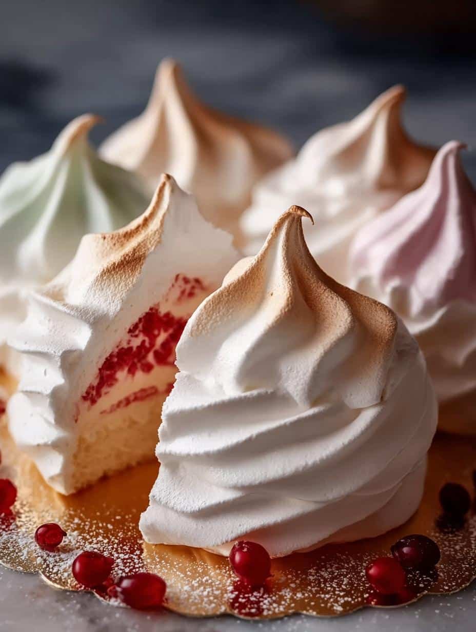Close-up of freshly baked Christmas Meringue cookies, some with red and green swirls, on a cooling rack