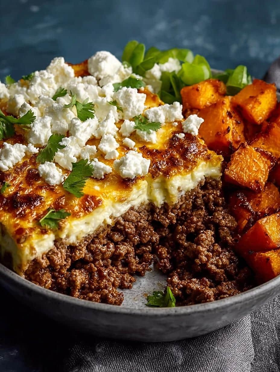 Delicious Cottage Cheese Ground Beef served in a bowl with roasted sweet potatoes and fresh greens