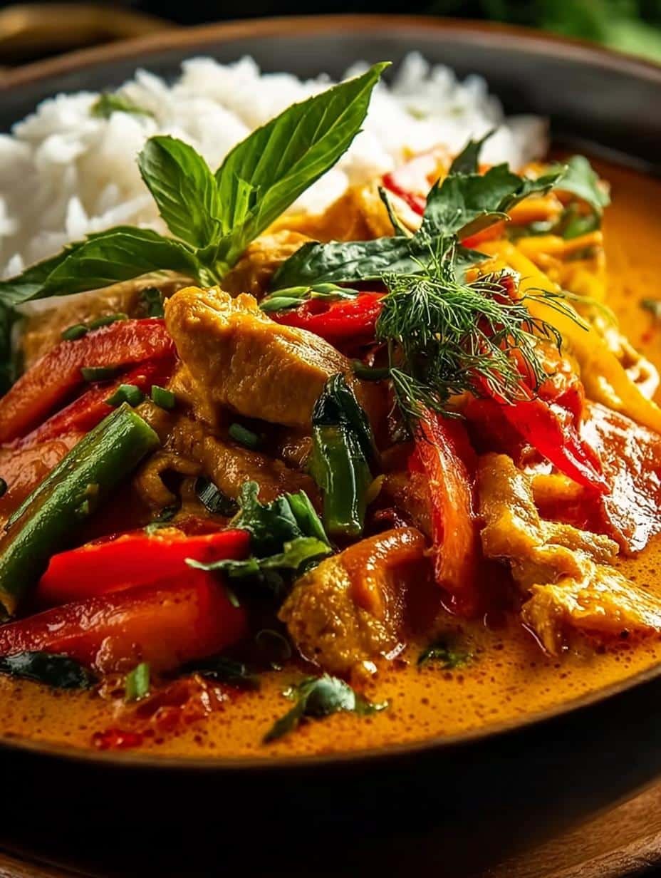 Close-up of creamy Ever Thai Panang Curry with vibrant red bell peppers and fresh basil