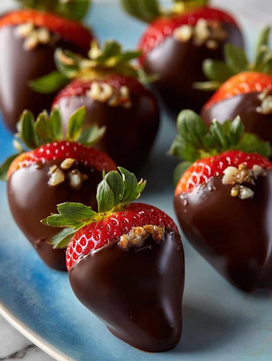 Delicious Gourmet Chocolate Covered Strawberries with white chocolate drizzle on a platter