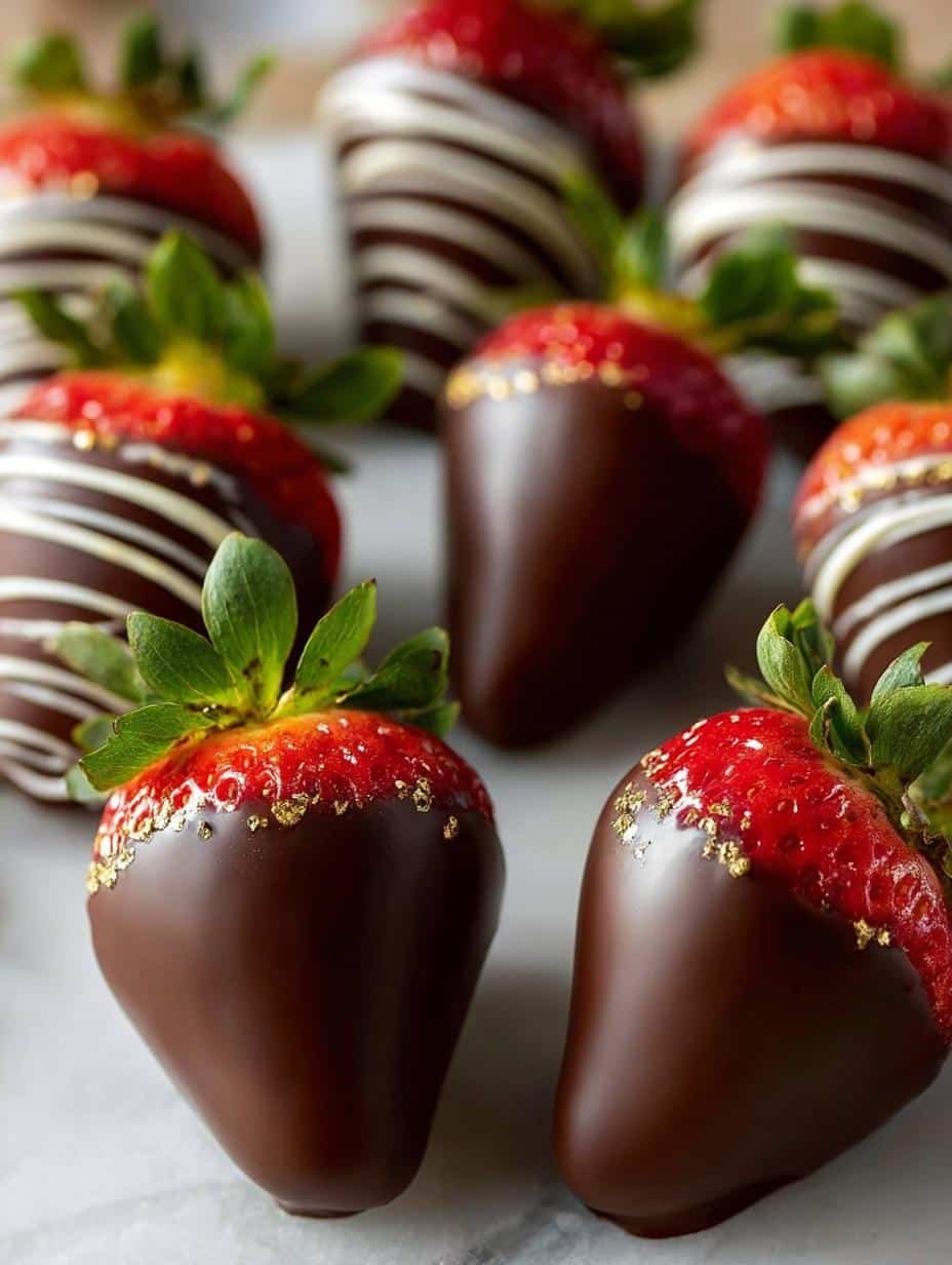 Close-up of Gourmet Chocolate Covered Strawberries with various toppings