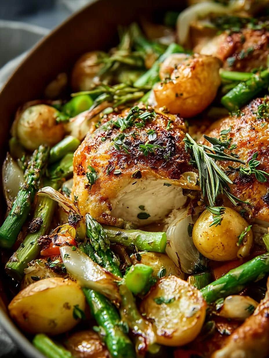 Delicious Herb Roasted Chicken with Spring Veggies, golden brown and perfectly cooked, ready to be served