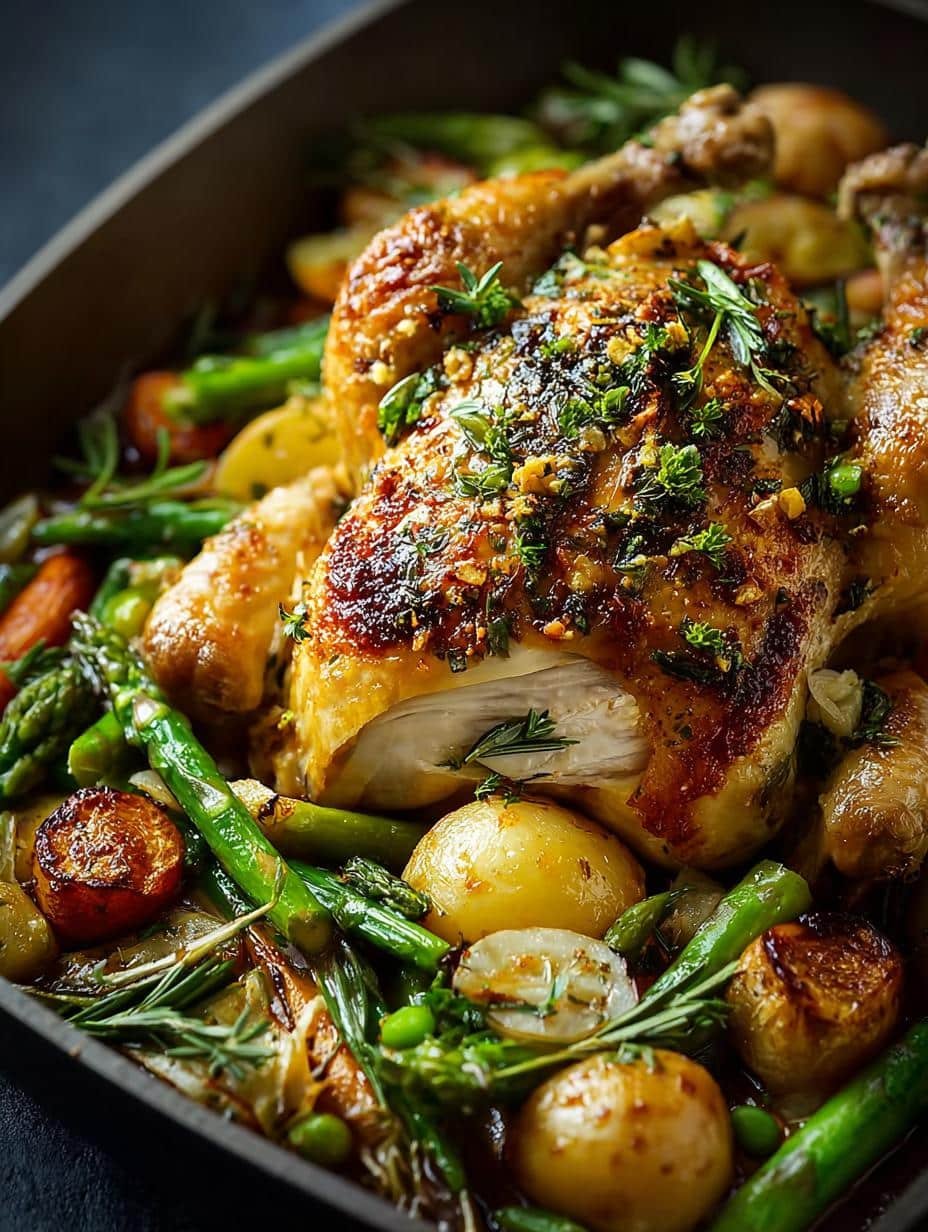 Close-up of Herb Roasted Chicken with Spring Veggies, showing crispy skin and tender vegetables