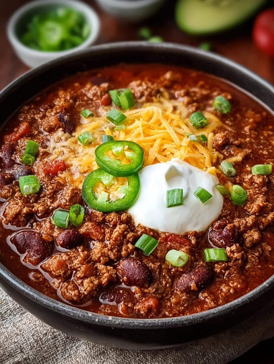 Delicious High Protein Chili in a bowl with fresh toppings, perfect for a comforting meal