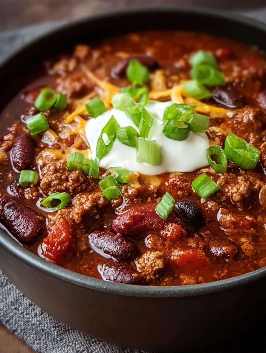 Close-up of High Protein Chili simmering in a pot, showing rich texture and ingredients