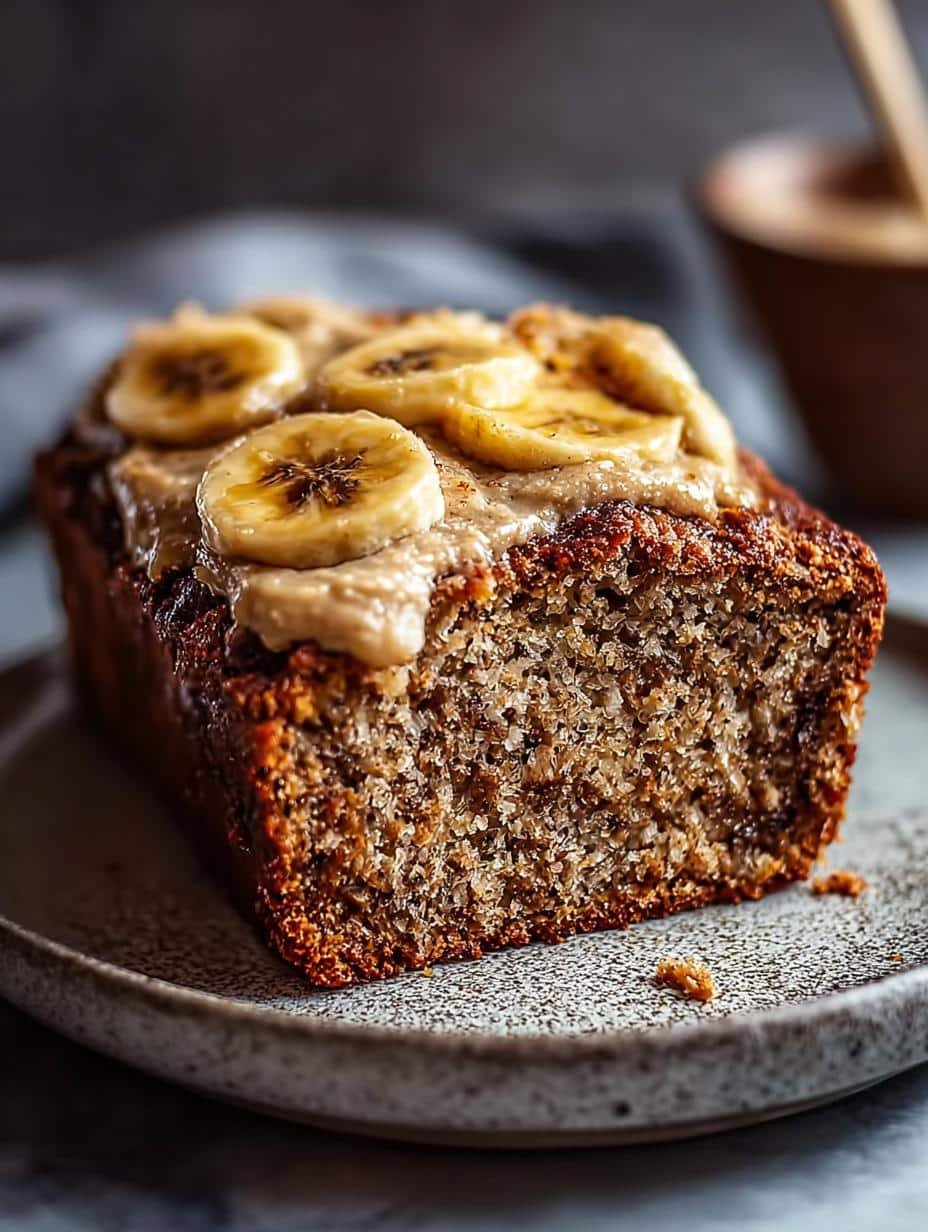 Irresistible Banana Bread with Espresso Mascarpone Bliss - a close-up of a slice of banana bread with creamy espresso mascarpone, dusted with cocoa powder