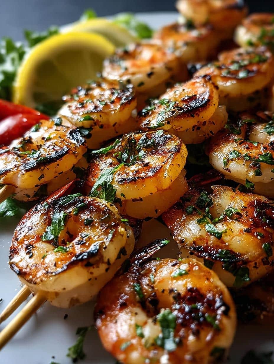 Irresistible Juicy Grilled Shrimp Skewers with lemon and herbs, ready to serve