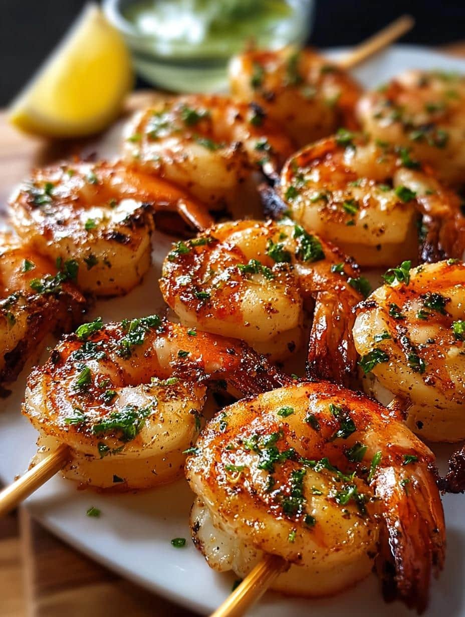 Close-up of perfectly cooked Juicy Grilled Shrimp Skewers on a platter