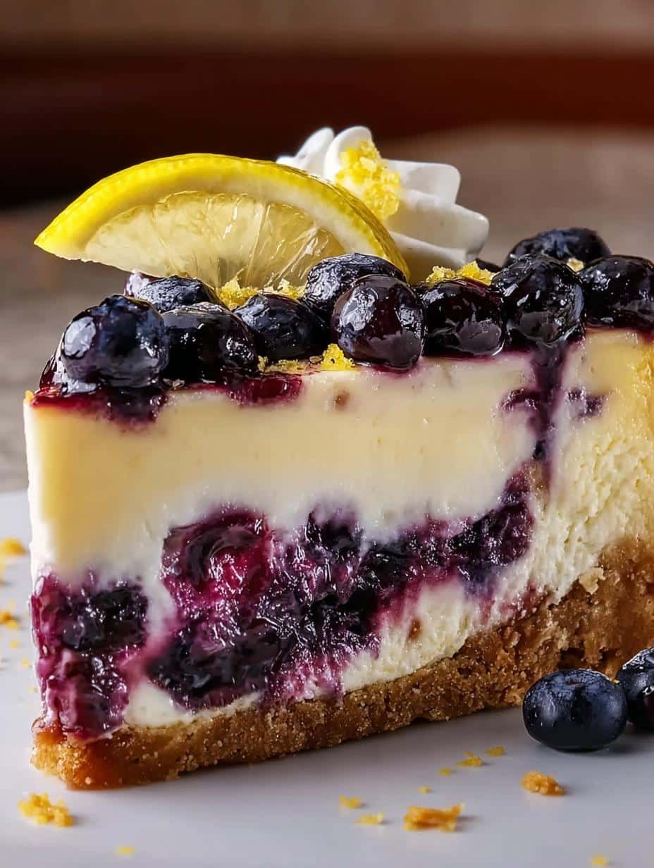 Delicious slice of Lemon Blueberry Cheesecake Magic with fresh blueberries and lemon zest on a white plate, ready to be enjoyed.