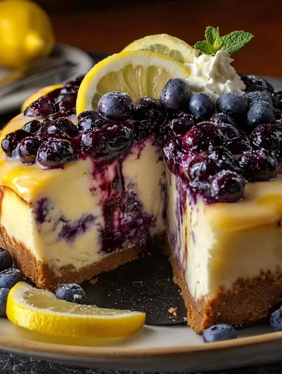 Close-up of a whole Lemon Blueberry Cheesecake Magic, showcasing its golden crust, creamy filling, and vibrant blueberry topping, perfect for a celebration.