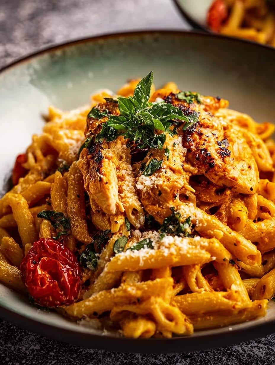 Delicious Marry Chicken Pasta with creamy sauce and sun-dried tomatoes, ready to be served