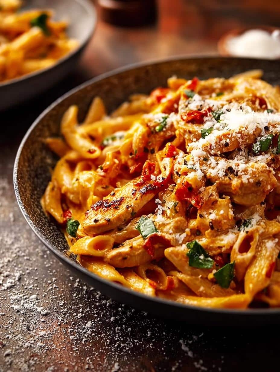 Close-up of creamy Marry Chicken Pasta with chicken, pasta, and sun-dried tomatoes
