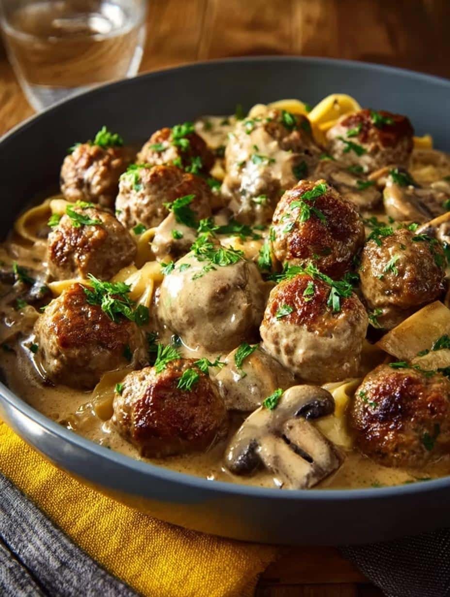Creamy Meatball Stroganoff with tender egg noodles and rich mushroom sauce, garnished with fresh parsley, ready to serve.