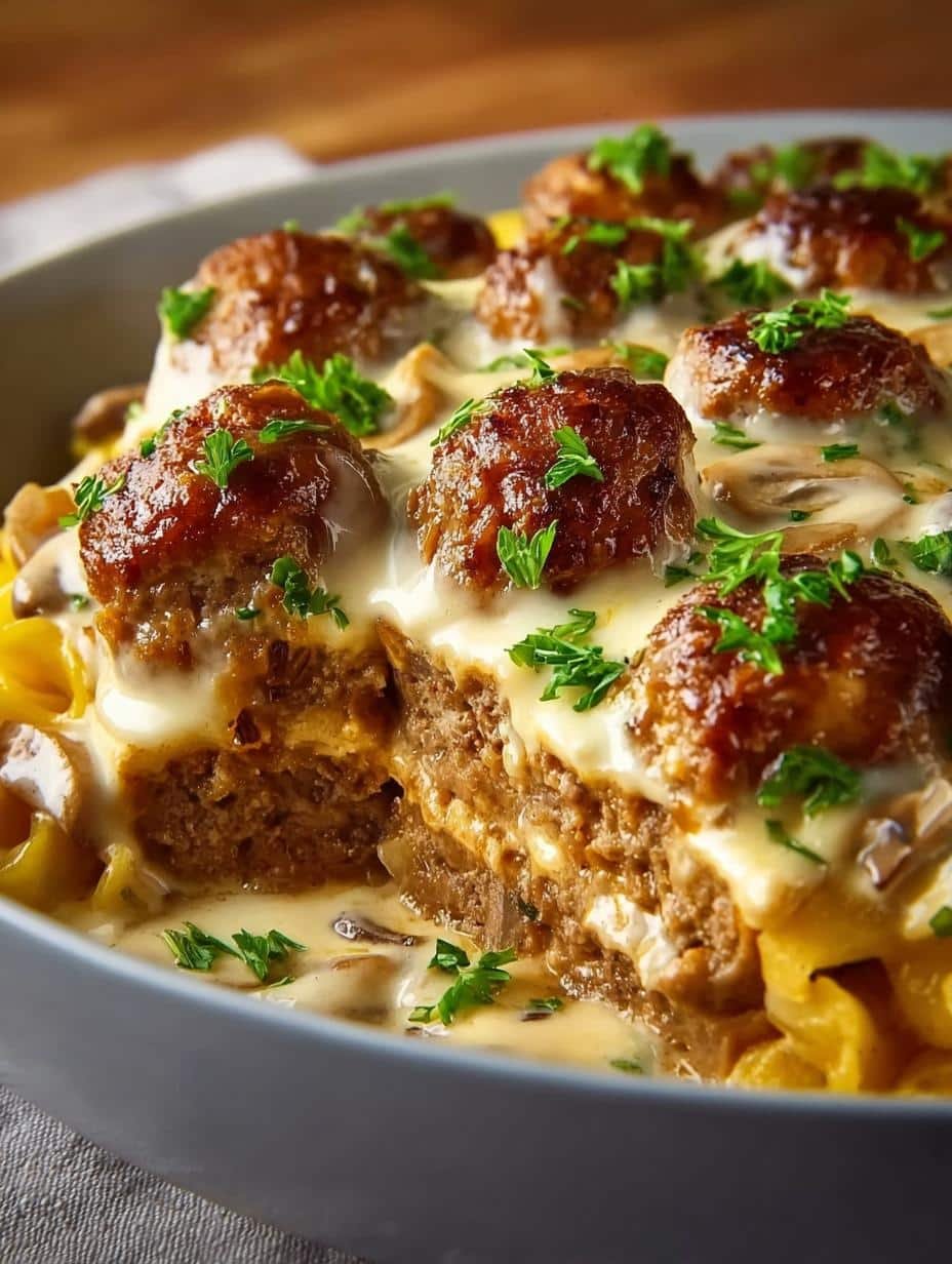 Close-up of Meatball Stroganoff simmering in a skillet, showing the rich, creamy sauce and browned meatballs.