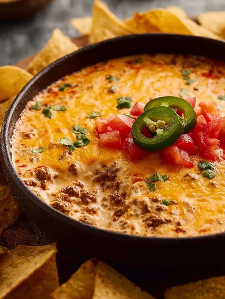 Close-up of a bowl of Mouthwatering Crockpot Rotel Dip with melted cheese and ground beef, garnished with cilantro