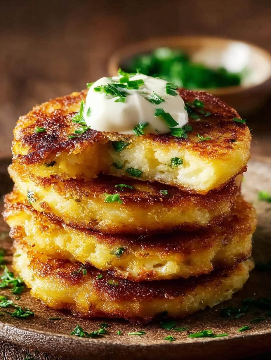 Deliciously golden brown Old Fashioned Potato Cakes stacked on a plate, ready to be served