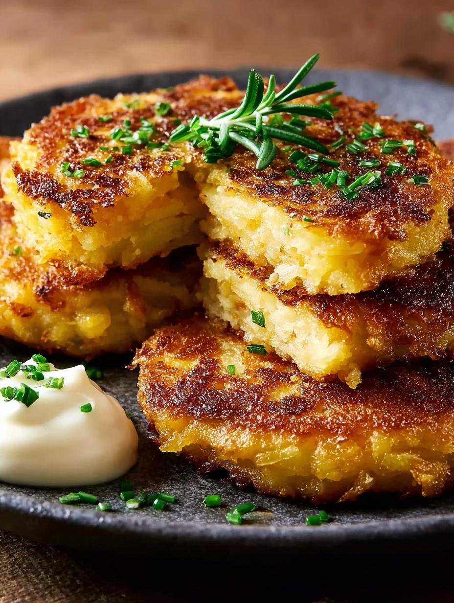 Close-up of crispy Old Fashioned Potato Cakes with a dollop of sour cream and fresh chives