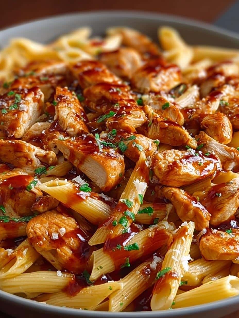 Delicious One Pan Tangy Honey BBQ Chicken Penne with melted cheese and fresh parsley