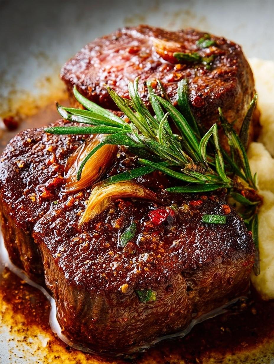 Close-up of Pan Seared Filet Mignon resting on a cutting board, showing its juicy interior