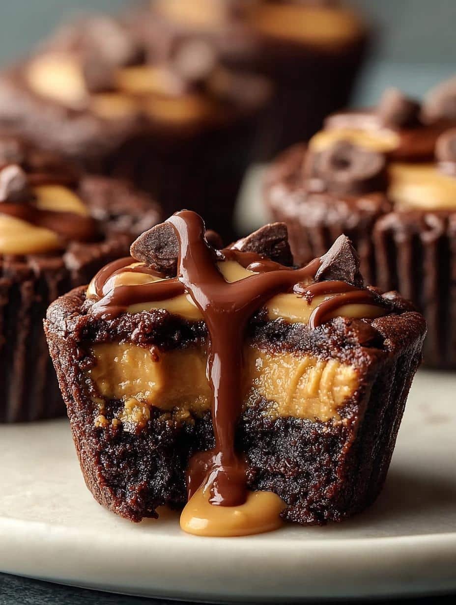 Close-up of delicious Peanut Butter Brownie Cups, showing the fudgy brownie and creamy peanut butter center