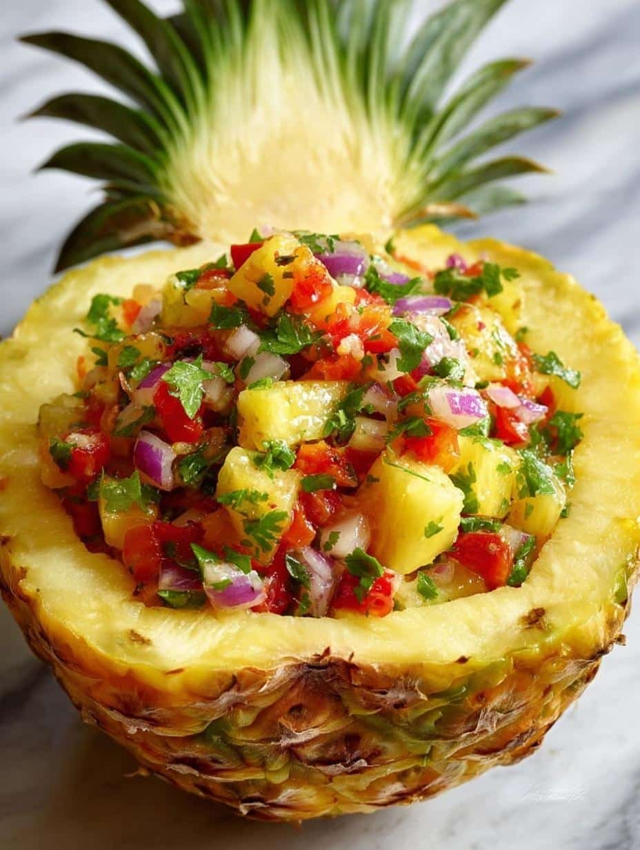 Delicious Pineapple Salsa Pineapple Bowl Recipe - Vibrant Pineapple Salsa served in a hollowed-out pineapple