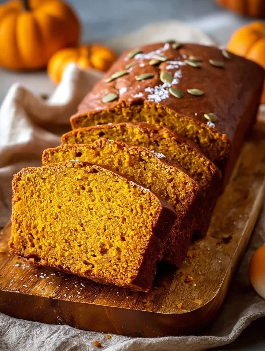 Deliciously moist Pumpkin Bread loaf, sliced and ready to serve, showing its perfect texture and warm color.