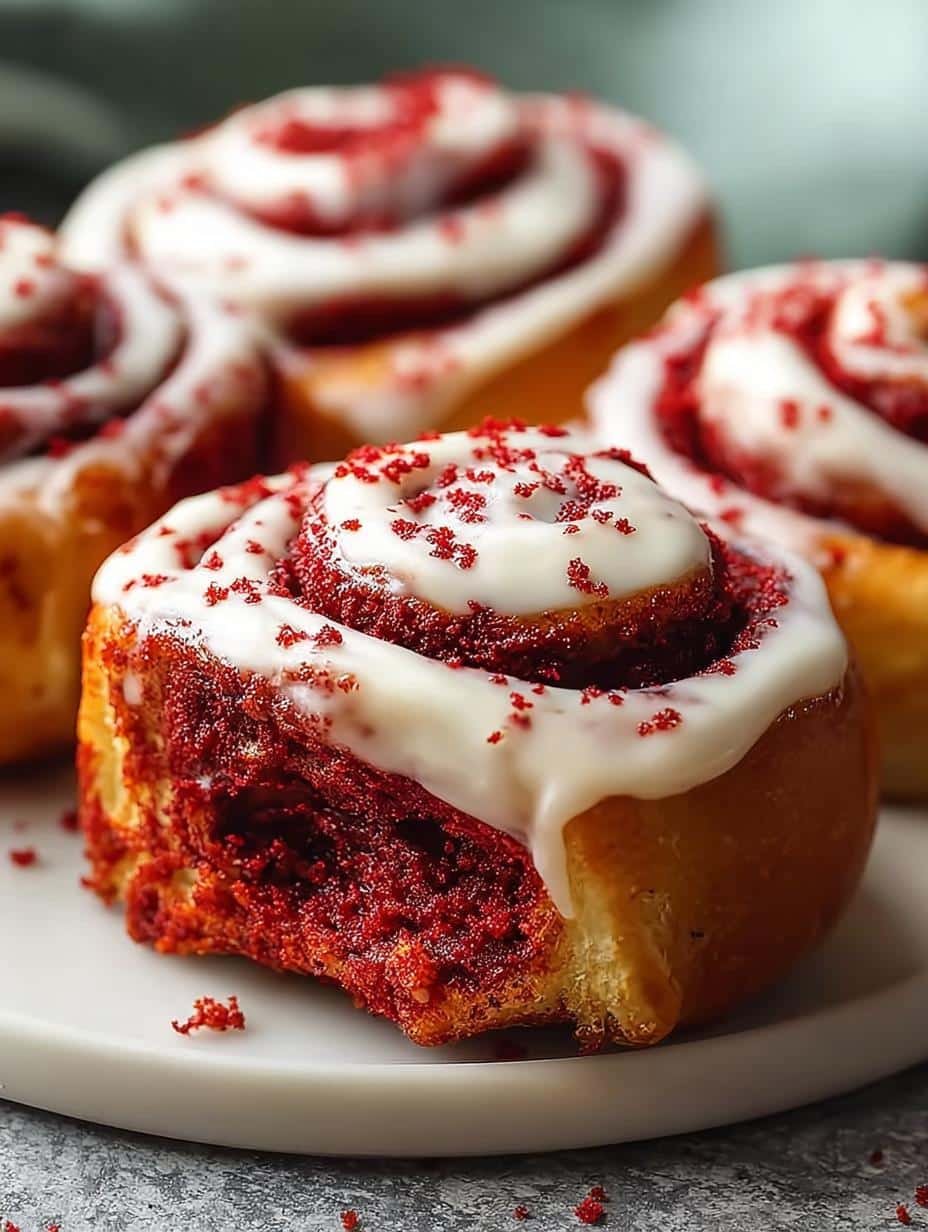 Decadent Red Velvet Cinnamon Rolls with cream cheese frosting, ready to be enjoyed